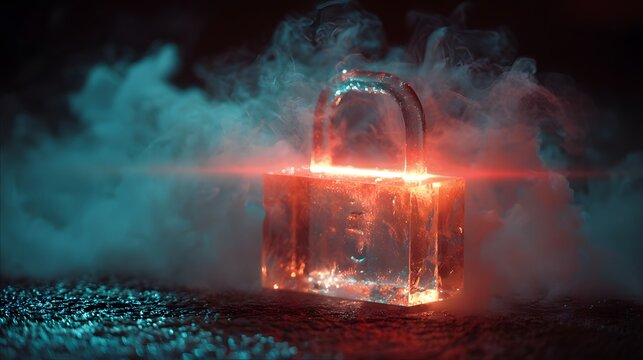 Conceptual Ice cyber security Lock with Smoke and Light Effects Security and Protection Theme - Powered by Adobe