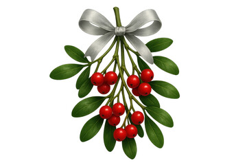 Obraz premium Mistletoe sprig with vibrant red berries and a festive silver ribbon, offering a classic symbol for christmas holidays, love, and tradition