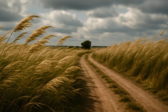 Tall golden grass swaying in wind alongside a curving dirt road. Cloudy sky above a vast rural landscape