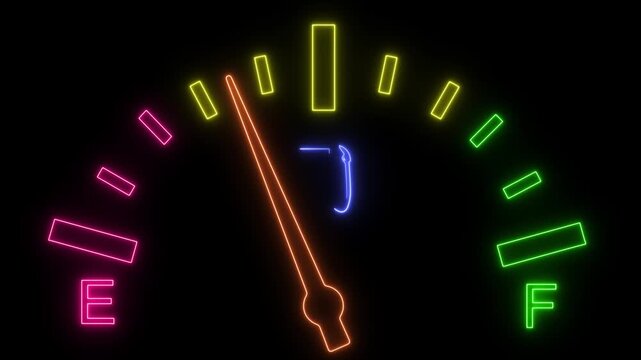 Fuel gauge animated, Neon fuel gauge animation moving from Empty (E) to Full (F) with a gas pump icon. Represents refueling, recharging, and power