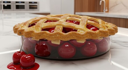 Deliciously baked golden brown cherry pie with a lattice crust, fresh cherries spilling out, and a crisp pastry dough, perfect for a sweet dessert