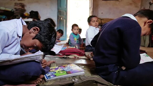 Raw footage of Indian village school students studying and writing notes while sitting on classroom floor inside rural government school in India.
