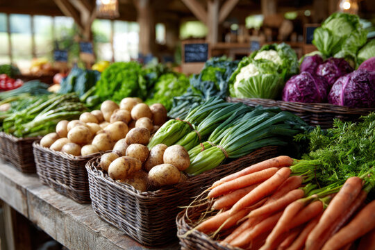 Fresh Vegetables Displayed in Wicker Baskets at a Market