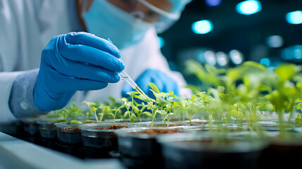 Scientist tending to seedlings in laboratory research plants