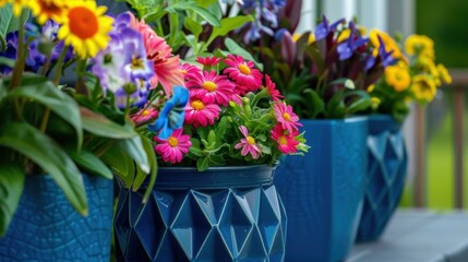 Colorful flowers in blue pots arranged on a table. The scene features various blooms, including daisies and pansies, creating a vibrant garden atmosphere.