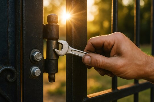 Hand holding a wrench, adjusting a metal gate hinge. Concept of home maintenance, repair, and security work