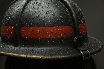 Firefighter helmet wet with water droplets, highlighting essential safety equipment and the demanding nature of emergency services