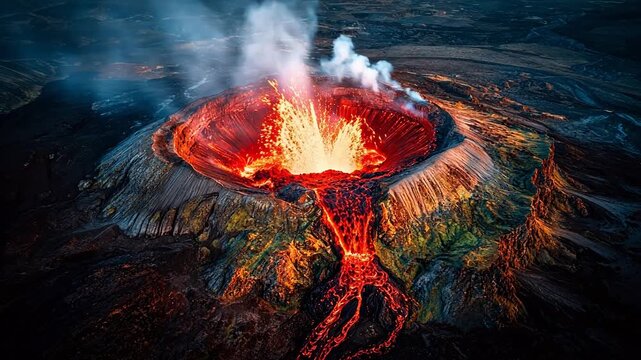 Active volcano with flowing lava and smoke