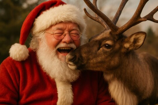 Santa Claus sharing a joyous moment with a reindeer, symbolizing Christmas cheer, tradition, and holiday spirit