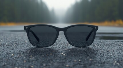 A pair of black sunglasses rests on a wet road.