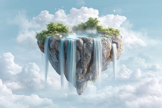 A serene, floating island with lush greenery and cascading waterfalls in a sky filled with puffy clouds.
