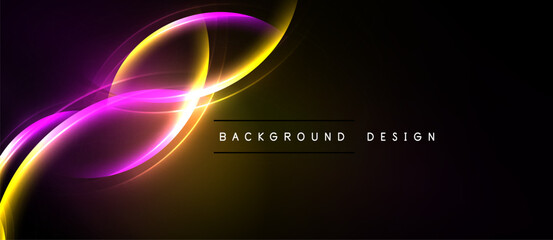 Abstract design features vibrant curves, glowing lines. Dark background emphasizes bright purple, yellow energy flow. Modern aesthetic.