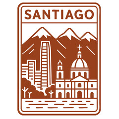 Santiago, Chile stamp illustration featuring the Andes mountains and the Costanera center