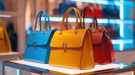 Three stylish handbags in vibrant colors displayed on a shelf. The bags are blue, yellow, and red, showcasing modern design and luxury fashion.