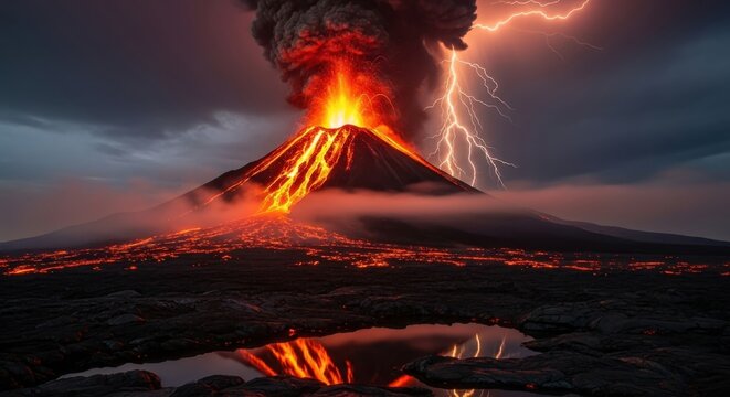 Dramatic Volcano Eruption with Lightning Strike Under Stormy Skies Displaying Powerful Natural Phenomena