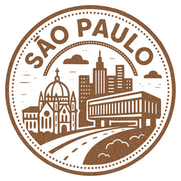 S&atilde;o Paulo stamp with illustrations of MASP, buildings and cathedral 