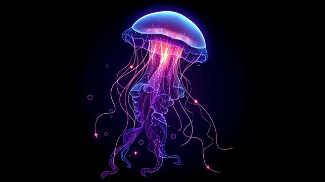 Awesome photo of bioluminescent jellyfish glowing with vibrant purple and pink light in dark ocean water.