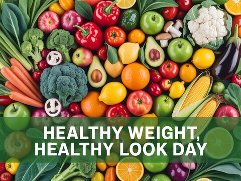 Vibrant assortment of fresh fruits and vegetables celebrating healthy weight and healthy look day - Powered by Adobe