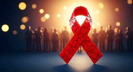 Red awareness ribbon crafted from hearts, symbolizing aids support with people bokeh.