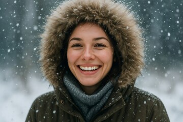 Young woman with parka and scarf smiling broadly, experiencing joy and happiness during a snowy winter day outdoors