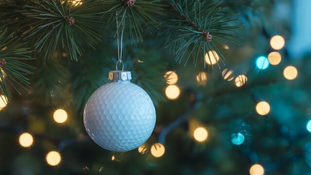 Festive golf ball ornament on Christmas tree with twinkling lights for sports enthusiasts, golf themed holiday party, or unique Christmas decoration ideas
