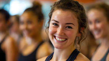 Smiling young women in athletic wear group fitness