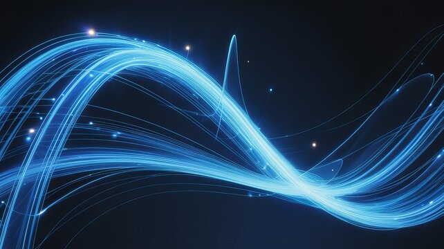 Abstract Digital Flow: Dynamic blue light trails swirl across a dark background, evoking a sense of speed and data transmission. Capturing the essence of digital connectivity and modern technology.