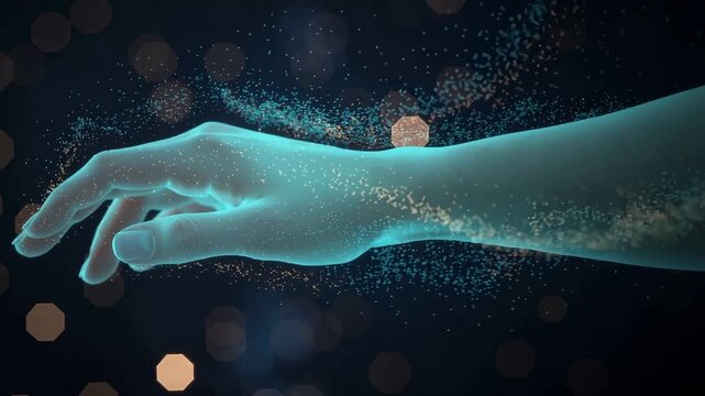 Abstract concept of a human hand disintegrating into neon blue and golden dust particles against a dark bokeh background symbolizing the connection between man and machine in the metaverse
