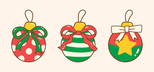 Fastive Hand Drawn Christmas Ornament Balls with Cute Ribbons for Christmas Decoration. Flat vector illustration for holiday, decorative designs, banner, flyer, label, postcard, greeting card.