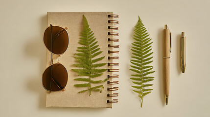 Spiral notebook with sunglasses and fern leaves pens writing