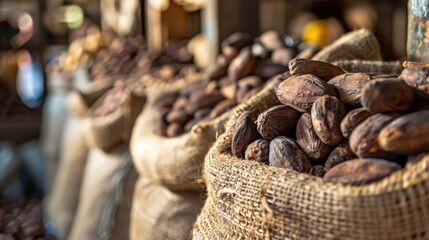 Burlap sacks filled with cocoa beans are stacked in a market. The scene showcases the rich texture and color of the beans, emphasizing agricultural produce.