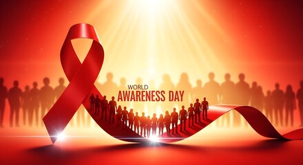 World awareness day concept with red ribbon and diverse crowd silhouettes image