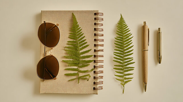 Spiral notebook with sunglasses and fern leaves pens writing