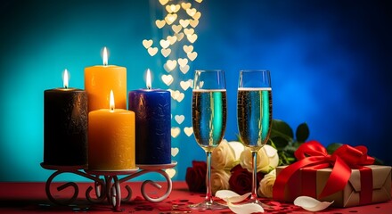 Romantic evening setup with champagne flutes, candles, roses, gift, and heart bokeh