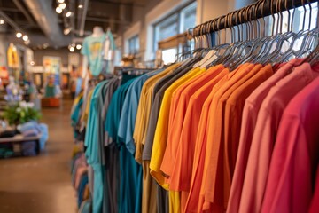 Obraz premium Colorful T-Shirts Hanging on Display in a Modern Retail Store During Daytime