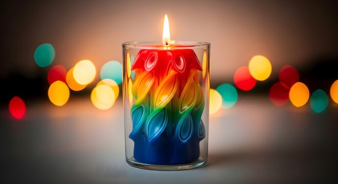 Vibrant rainbow candle burning brightly in a glass holder with festive bokeh lights