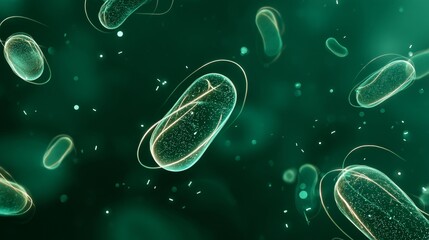 Dynamic Microscopic View of Bacteria in a Green Environment with Glowing Particles and Intricate Microstructures