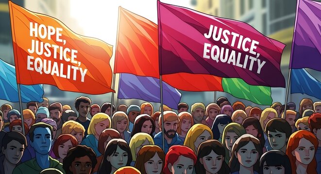 Diverse crowd holding flags for hope, justice, and equality in a peaceful protest