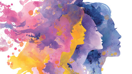 Stylized profile illustrations of women in vibrant watercolor splashes profiles colorful