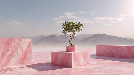 Surreal pink marble landscape with solitary tree and misty mountains minimalist