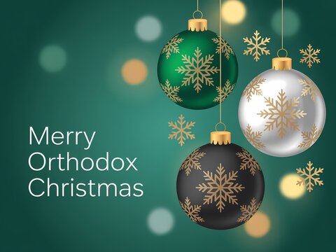 Elegant orthodox christmas ornaments with snowflakes and bokeh lights on a deep green background
