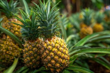 Obraz premium Pineapples Growing in a Tropical Garden With Lush Green Leaves and Sunny Weather