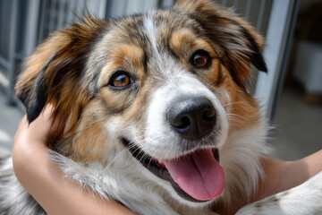 Happy Tricolor Dog Being Petted Outdoors