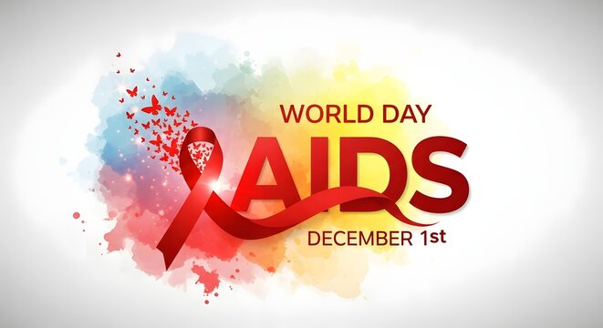 World aids day awareness concept with red ribbon, text, and vibrant background