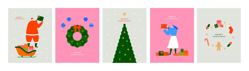 クリスマスカード風イラストセット｜サンタクロース・ツリー・リース・オーナメントなどのクリスマス素材を使ったカード風レイアウト｜ベクター
