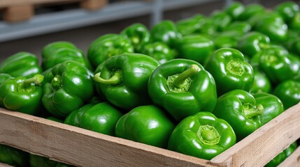 Fresh green bell peppers stacked in a wooden crate, showcasing vibrant colors and textures, highlighting the natural produce in a market setting with a rustic ambiance