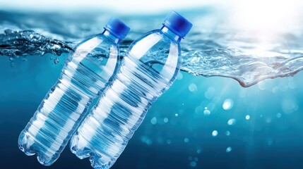 Two clear plastic water bottles submerged in sparkling blue water, showcasing the refreshing nature of hydration and the importance of eco-friendly practices in daily life