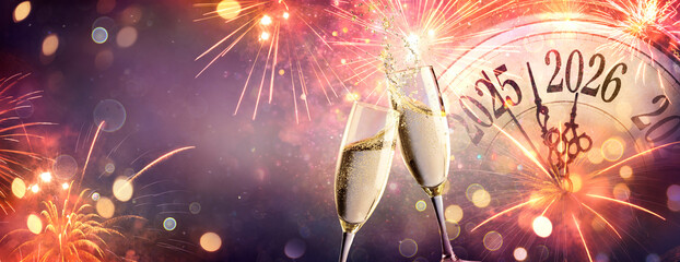 2026 New Year Celebration - Champagne And Clock For Countdown - Toast Cheering With Abstract Defocused Background © Romolo Tavani
