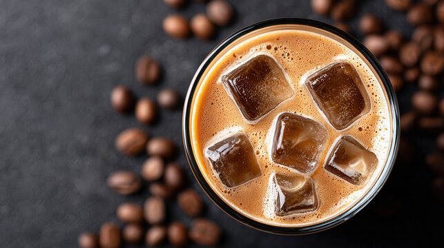 Iced coffee beverage in a glass with ice cubes, surrounded by roasted coffee beans, showcasing a refreshing drink perfect for warm days and coffee lovers