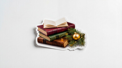 Stylish Christmas book sticker: books and notebook with pine branch and fairy lights, realistic 3D, white background, elegant, social media-ready.